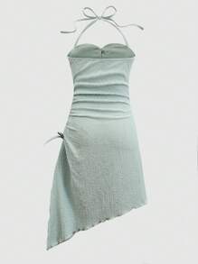 Tween Girl Vacation Mini Dress Holiday Halter Neck Drawstring Texture Fabric Asymmetrical Hem Dress,Summer