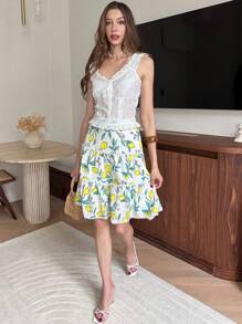 Chiquease Falda midi en línea A versátil de cintura alta con estampado de limón, parches y volantes - Amarillo - Ver 5