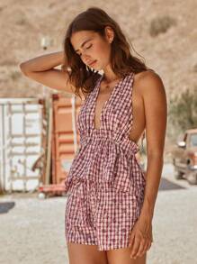 WESTFADE Pink Plaid Summer Boho Vacation Holiday Western Floral Halter Neck Ruffle Peplum Top & Drawstring Waist Shorts Women Two Pieces Matching Set Outfit - Red - View 1