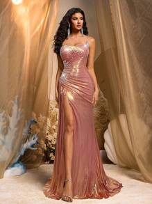 Vowa Falda elegante y lujosa con abertura lateral tipo cola de pez, con plisados elásticos y decorada con cuentas y cristales, adecuada para bodas, fiestas, citas, bailes y eventos formales (con mucho embellecimiento) - Rosa coral - Ver 2