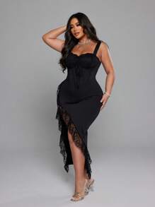 NU&NOW Plus Size Women Solid Color Lace Patchwork Sexy Elegant Slit Bodycon Cami Dress - Black - View 1