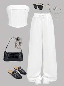 SHEIN Conjunto de 2 piezas de top de tirantes de color liso y pantalón largo informal para niñas preadolescentes