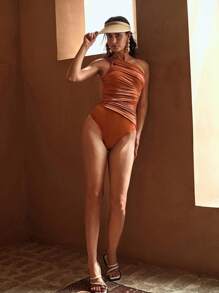 MOTF PREMIUM RUCHED ASYMMETRICAL NECK ONE-PIECE SWIMSUIT FOR SUMMER BEACH VACATION