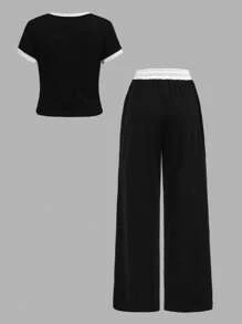 SHEIN Girlism 2 件青少年女孩春夏针织条纹黑白撞色休闲修身基本款 T 恤和撞色腰部宽松口袋裤套装，女孩休闲运动街头服饰，学校运动，返校，足球运动，户外舒适套装 - 黑與白 - 查看 2