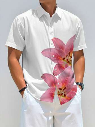 Manfinity Chillmode Men's Single-Breasted Floral Pattern Casual Short Sleeve Shirt, Summer
