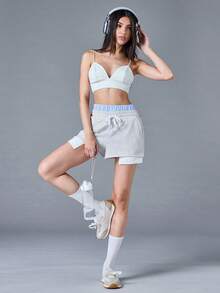 Menodora SHEIN Sport 女式针织拼色抽绳腰运动短裤 - 淺灰色 - 查看 1