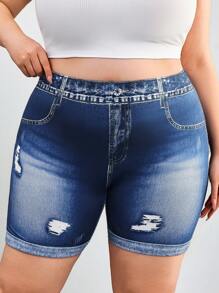 SHEIN CURVE+ 大码女式松紧腰休闲紧身裤，舒适弹力牛仔印花面料，夏季/乡村/海滩度假装/沙滩装/沙滩装 - 藍色 - 查看 3