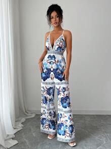 Rafferiza Bộ đồ liền thân hoa đi biển thoải mái có dây đeo có thể điều chỉnh dành cho nữ - Màu xanh lam - Xem 3