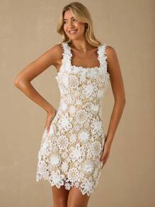 Enchnt Spring/Summer Romantic Women's White Exquisite 3D Flowers Embroidered Lace Sleeveless Cute Mini Dress,Sweet&Elegant For Vacation&Date&Holiday&Party&Graduation&Wedding Guest&Beach,Prom Dress,Summer Dresses For Women,Sun Dresses For Women,Summer Clothes - White - View 2