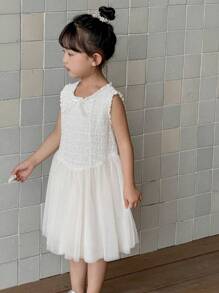 DAZY Vestido de Tule com Laço de Lantejoulas Estilo Coreano para Meninas, Vestido Sem Mangas de Comprimento Médio, Conjunto de Roupas de Verão para Meninas - Branco - Visão 5