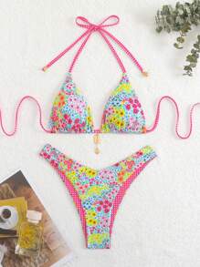 Swim Mod 女士度假沙滩泳装套装，双面甜美碎花格纹吊带可调节系带性感比基尼 - 彩色 - 查看 7