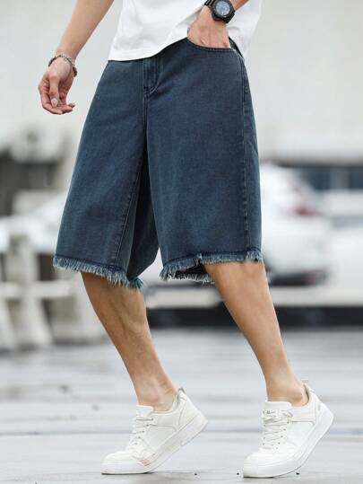 Manfinity Homme 男式宽松休闲破洞下摆口袋牛仔及膝短裤