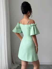 Elenzga Rochie elegantă scurtă pentru femei, cu decor floral 3D, în culori solide, cu umăr gol