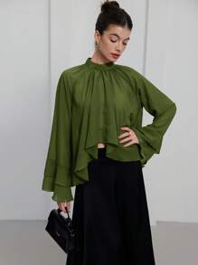 Revavyn 紫色雪纺透明荷叶边多层优雅奢华感设计女式衬衫 - 軍綠色 - 查看 6