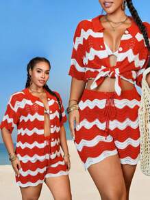 SHEIN Swim Curve Plus Size Women Colorblock Shirt Collar Short Sleeve Tie Up Button Hollow Out Resort Elegant Beach Shorts Knit 2pcs Set Cover Up For Summer Beach Vacation