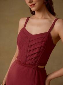 MOTF LINEN SPLIT THIGH CUT OUT DRESS - Red - View 2