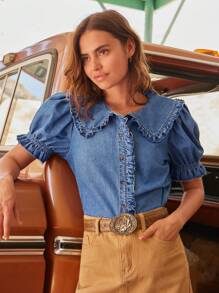 WESTFADE Cotton Blend Chambray Ruffle Collar Short Sleeve Button Up Shirt Cute Summer Denim Tops Country Concert European Summer Beach Vacation For Women - Medium Wash - View 5
