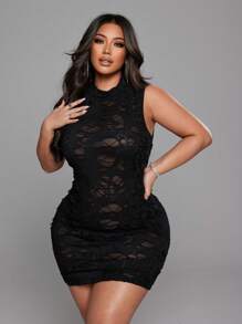 SHEIN LUNE Robe moulante sexy dos nu couleur unie grande taille pour femmes - Noir - Voir 1