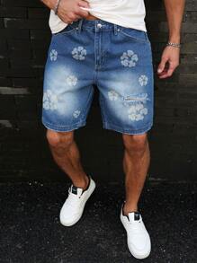 Manfinity Homme Shorts Denim Masculina Casual Lavada com Estampa Floral Desgastada