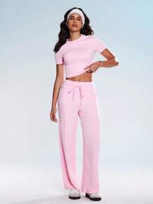 Eassivo Set de 2 piezas de ropa deportiva de verano para mujer, que incluye top de manga corta sólido y pantalones con nudo, conjunto de ropa deportiva de color rosa para hacer ejercicio - Rosa - Ver 7