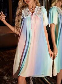 Contrast Lace V-Neck Printed Mesh Nightgown Babydoll For Women, Red Holiday Season - Multicolor - View 6