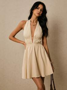 Poéselle 女式深V领无袖露背迷你连衣裙，性感纯色，夏季 - 杏色 - 查看 1