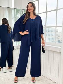 SHEIN Clasi 大码优雅纯色蕾丝拼接不对称下摆衬衫和裤子两件套 - 藏蓝色 - 查看 4