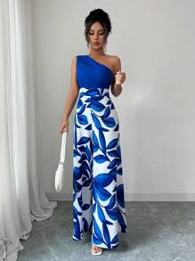 Elenzga 女式休闲植物印花拼接阔腿连体裤，度假风格 - 藍色 - 查看 3