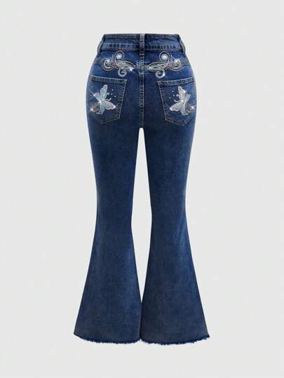 Fairycore Jeans évasés à pattes de femme avec broderie de perles en forme de papillon