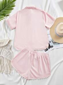 SHEIN MOD Neuer Sommerzugang, Große Größen Pink einfarbiges Lässig Shirt Zweiteiler, Urlaubsfreizeitanzug Jacke-Stil Shirt Set, Leinen Zweiteiler, Zweiteiler Sommeroutfits, Zweiteiler Sets, Damen Zweiteiler Sets - Babypink - Übersicht 2