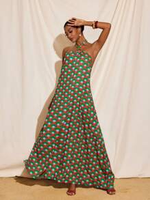 JIAN LASALA 波西米亚风印花无袖露背O形环及地太阳裙夏季度假女士休闲连衣裙海滩度假装欧洲夏季外出夏威夷装女士安卡拉裙度假装飘逸连衣裙复古返校节礼服秋装节日装秋季女装婚礼宾客礼服女士 - 彩色 - 查看 4