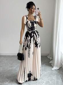 Elenzga Women's Apricot Printed Crisscross Strap Design Relaxed Vacation Style Jumpsuit - Apricot - View 4