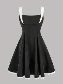 青少年女孩休闲优雅法式时尚方领褶饰花卉边无袖露背蝴蝶结腰连衣裙 - 黑色 - 查看 6