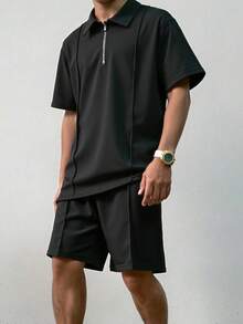 SHEIN 青少年男童宽松休闲翻领针织纯色短袖Polo衫和短裤两件套，适合春夏季节日常穿着、运动、郊游、上学、聚会、节日、拍照等场合。男士两件套，黑色，黑色短袖Polo衫，黑色拉链Polo衫，男士休闲套装 - 黑色 - 查看 4