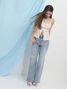 Nöista Mpire Silhouette Slub-Textured Top With Straight Neckline Spaghetti Straps; Lightweight Breathable Linen-Like Fabric; Perfect Beach Outfits For Women And Casual Pride Celebration Looks; Versatile Summer Essential. - Apricot - View 3