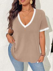 SHEIN Frenchy Plus Size Casual Colorblock Patchwork Short Sleeve T-Shirt, Summer - Khaki - View 3