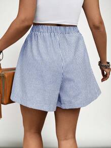 SHEIN VCAY Plus Size Elastic Waist Striped Casual Shorts - Blue - View 7