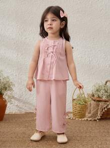 Blossori Conjunto de top sin mangas con acento de lazo y pantalones de ajuste holgado para niñas bebé de estilo campo - Rosa - Ver 3