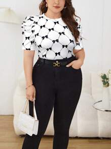 SHEIN Privé 夏季大码优雅蝴蝶结印花T恤 - 黑與白 - 查看 5