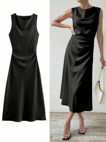 Women's Elegant Long Waist Cinched Ruched Dress - Black - View 6