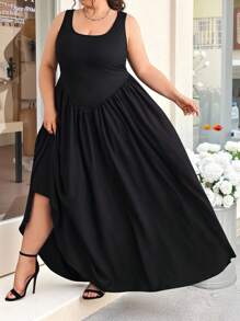 SHEIN CURVE+ 加大码黑色无袖超长摆礼服、毕业礼服、女士夏季连衣裙、超长连衣裙 - 黑色 - 查看 5
