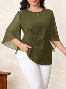 SHEIN Clasi Blus Kasual Lengan Lebar Warna Polos Elegan Ukuran Besar, Cocok untuk Guru Wanita di Musim Gugur - Hijau Tentara - View 3