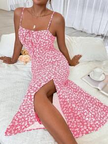 Breezaya In hoa Ditsy Nút phía trước Tách đùi Váy Dây - Hồng - Xem 7