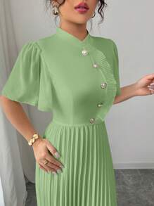 Elenzga Vestido midi elegante de mujer corte evasé con mangas cortas y volantes
