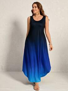 Comfylo Vestido de tirantes casual de mujer talla grande con cuello redondo y degradado de color, vestido de invitada de boda, vestido de playa de verano, conjunto de primavera para mujer, vestido de verano, atuendo de vacaciones, vestido casual de mujer