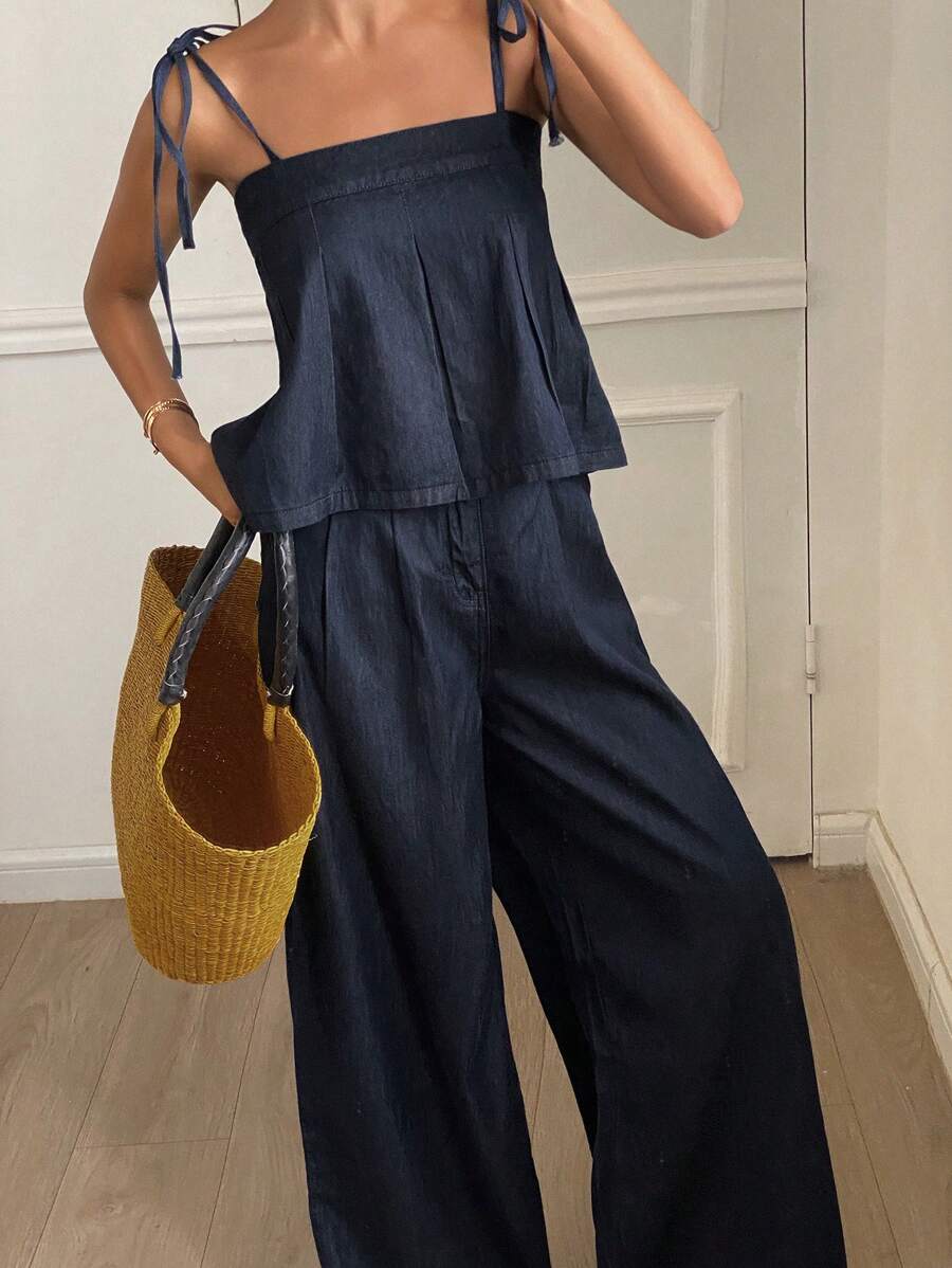 Livesso 女士夏季吊带荷叶边下摆宽松休闲牛仔裤套装，返校服 - 藍色 - 查看 1