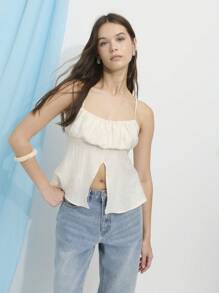 Nöista Mpire Silhouette Slub-Textured Top With Straight Neckline Spaghetti Straps; Lightweight Breathable Linen-Like Fabric; Perfect Beach Outfits For Women And Casual Pride Celebration Looks; Versatile Summer Essential. - Apricot - View 1