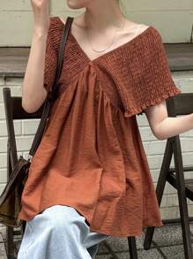 FRIFUL Shirred Drawstring Tie-Front Pleated Mid-Length Casual Versatile Button-Down Blouse For Women, Beach Vacation