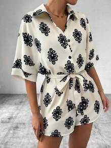 SHEIN PETITE 女式印花蝙蝠袖系腰连体裤（有领）