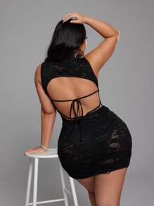 SHEIN LUNE Robe moulante sexy dos nu couleur unie grande taille pour femmes - Noir - Voir 2